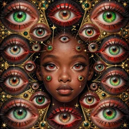 eyes!! a black girl!! with many eyes!, surreal art by colin christian and junji ito and mc escher and ian miller, faberge eyes, trypophobia! eyes, eyes everywhere, symmetry, eyes!, homicidal eyes, ( hypnotic optical illusion )!, red black gold and green, chet zar, highly detailed, infinite intricacy