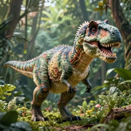 photo realism, very fluffy tyrannosaurus rex, jungle background, 4 k, detailed