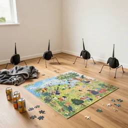 home for eight legged lads, unfurnished house, beer cans, blanket and vape on floor, half finished puzzle with pieces