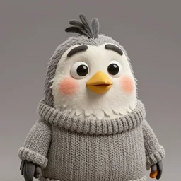 anthropomorphic cute bird character wearing a knitted sweater, Disney Pixar, in the style of claymation, high detail, detailed feathers and fur, 3d render