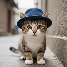 a photograph of a kitten waring a hat in an alley