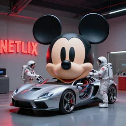 futuristic car mechanics wearing astronaut helmets, operating on a huge mickey mouse doll head! red netflix neon office sign in background, beeple!!, minimal, movie still in in private car garage, dystopian