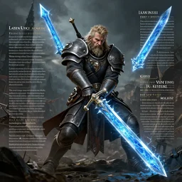 infographic of leman russ from warhammer fighting holding a glowing blue frost sword, ultrarealistic, epic, intricate detail by greg rutkowski