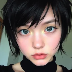 a pale emo girl with short messy black hair, soft facial features, sideswept bangs, 2 0 0 8, myspace photo