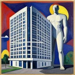 artwork of a distinctive and large building and a large visible humanoid in the style of victor vasarely,