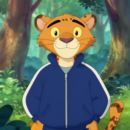 don bluth, loish, artgerm, joshua middleton, anthropomorphic cheetah, wearing a track suit, smiling, symmetrical eyes symmetrical face, colorful animation forest background