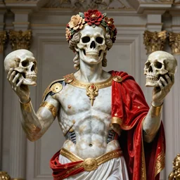 a man in the form of a Greek sculpture with a mask in the form of a skull and wreath of flowers skulls in hands dressed in a biomechanical dress, red white and gold color scheme, baroque, by Michelangelo