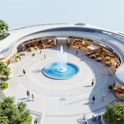 a open plaza area on a spaceship with a water feature in the middle and stores and restaurants around the outside, from a space themed point and click 2 d graphic adventure game, art inspired by thomas kinkade