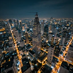 sci - fi bangkok cityscape. wide angle night photo. helicopter view. exaggerated detail. volumetric lighting. art by wenjun lin
