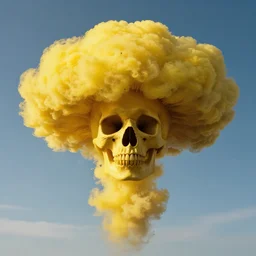 yellow nuclear mushroom cloud with a silhouette of a human skull, gerald brom