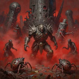 fine art oil painting varied muck jeweled, filthy, doubled, spiked, rugated armored crusty, easter backlegged ticks clawing & terrified as massive brutalist structures, claustrophobic cilia sporing pox, final battle failure, red mustard gas fog, by alex nino, francesco blanc, geof darrow, h r giger, bisley, b wolverton