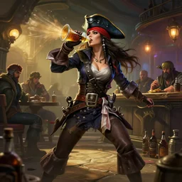 a female pirate arriving in a tavern with lots of booze - drinking scoundrels, god light, league of legends vibes, miss fortune, dynamic rendering, dynamic composition