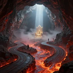 concept art by barlowe wayne, ruan jia and greg rutkowski. a winding road to fantasy cave palace of bad omens!! underground magma river. fier in fog!! dante's divine comedy, a beam of light fell on the stone throne!! 3 d, ultra clear detailed. octane render. 8 k. dark red, light grey blue and golden