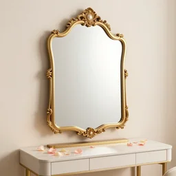 modern minimalist golden baroque vanity mirror scattered with rose petals, softly lit, soft femme