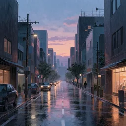 beautiful anime scenery, city street at dusk, rainy day. highly detailed illustration