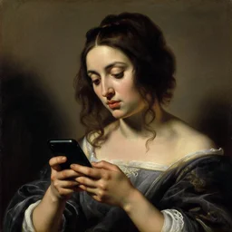 portrait of a woman on her phone, oil painting by caravaggio, 1 7 th century, art, oil on canvas, wet - on - wet technique, realistic, expressive emotions, intricate textures, illusionistic detail, 4 k