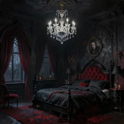 a beautiful detailed painting of vampirish dark gothic fancy bedroom with black and dark red accents by noah bradley john willian waterhouse, thomas kinkade, glass chandelier, nightsky, scary, archdaily, wallpaper, highly detailed, trending on artstation.