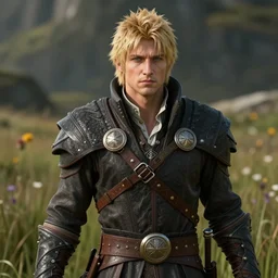 a handsome masculine blonde alistair from dragon age, ultra detailed, cinematic shot, photorealistic, octane render, high definition, drawn by gerry arthur, fine details, 8 k, with nature grassy background