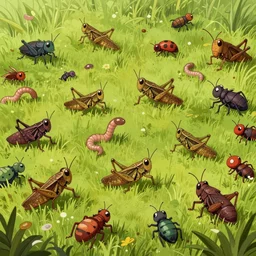 An infinite world full of grasshoppers, worms and bugs, rendered in a stylized cartoony style with hand-drawn illustrations, cel-shading, 8K. Original concept artwork for fantasy worlds filled with creepy crawly insects and other animals, based on popular fiction.
