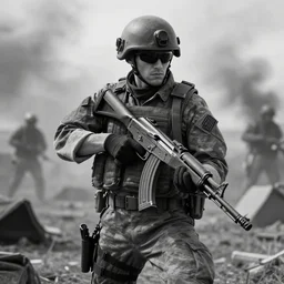 a soldier in a battlefield holding a kar 9 8 k, badass pose, black and white, high quality, highly detailed, high coherence, anatomically correct, path traced, hyperrealistic, concept art, octane render, unreal engine 5, trending on artstation, 8 k, soft lighting, soft colors, digital art, hugh definition, wallpaper