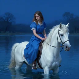a vintage photo of a sad maiden riding on the unicorn in the river, gloomy, strong subsurface scattering, cobalt blue, symmetrical, highly detailed, digital painting, artstation, painted by stjepan sejic, concept art, smooth, sharp focus, illustration, cinematic lighting, 8 k resolution