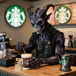 The Demogorgon working at Starbucks, very detailed gothic artwork.