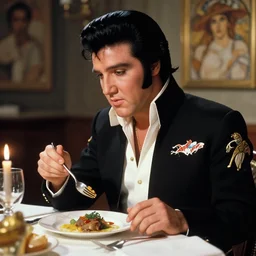 elvis presley eating dinner, character sheet, character design, contrast, deep focus, turnaround, highly detailed, dramatic lighting, digital painting, artstation, concept art, matte, sharp focus, illustration, elegant, art by artgerm and greg f and alphonse mucha.