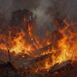post apocalyptic landscape in fire in digital art oil canvas