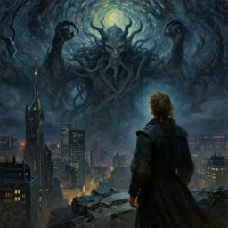 man is seeing old god cthulhu terrifying the night sky of a city, epic scene oil painting hyper - detailed realistic dark van gogh style
