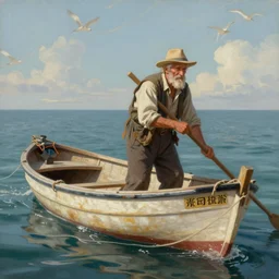 a matte painting of an old man in a fishing skiff being pulled out to sea, in the style of, greg rutkowski, jan van de cappelle, digital painting, photorealistic, ornately detailed, unreal engine, extremely detailed masterpiece, illustration, trending on artstation