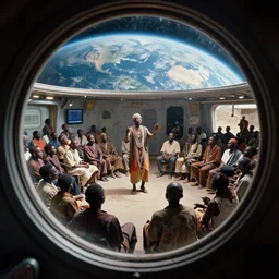 a analogue photo of an African tribal dj entertaining a crowd on spaceship, view of planet earth seen from porthole window, wide angle, grungy