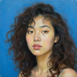 three quarter close up portrait painting of a young asian woman with curly hair, blue background, by kehinde wiley