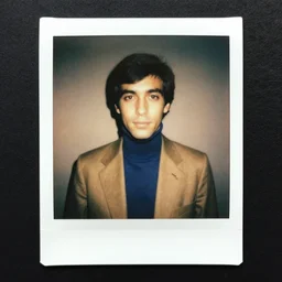 a polaroid of a man wearing a turtleneck and blazer, early 1 9 7 0 s