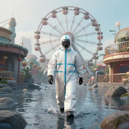 person wearing hazmat suit walking through a flooded theme park, ferris wheel in the distance, matte painting, 3 d render