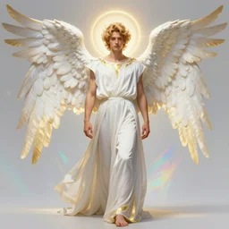 fullbody portrait of a beautiful young fit male angel with curly blond hairs, dressed with long fluent clothes, majestic symmetrical eagle wings, luminous halo, by greg rutkowski and alphonse mucha, gradient white to gold, in front of an iridescent background, highly detailed portrait, digital painting, artstation, concept art, smooth, sharp focus illustration