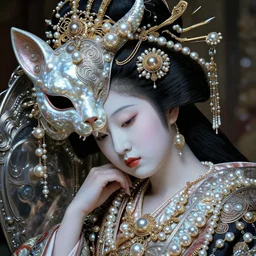 hyperrealism, detailed textures, award winning autochrome photo, ultra realistic, cinematic, intricate, japanese pearl queen, beautiful dreaming animal pearl queen, autochrome pearl portrait, pearl silverplate, intricate, detailed facial pearl scary animal mask, pearl, golden jewelery, silverplate, ultra realistic, cinematic, intricate, cinematic light by steve mccurry, unreal engine 8 k