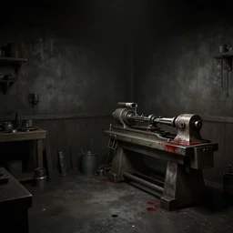 3 d game cg, inside a dark dusky empty work shop, a lathe with blood stains in the corner alone on the right side for processing parts. artstation trending, greg rutkowski, james gurney, johannes voss, unreal engine, hyperdetailed, 4 k