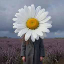 portrait, enormous daisy flower as the head, a girl wearing coat in heather field, surreal photography, wind and cold, dramatic sky, impressionist painting, digital painting, artstation, simon stalenhag