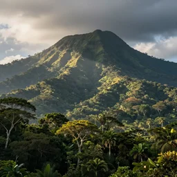 a large mountain in a tropical jungle.