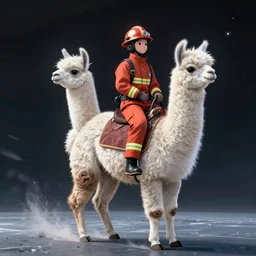 sketch of a firefighter riding a llama, dynamic lighting, space atmosphere, hyperrealism, stunning visuals