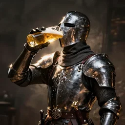 knight drinks beer in the style of dark souls