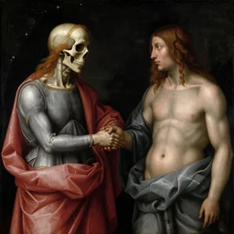 in the renaissance painting, a robed figure that represents death is holding hands with a second figure that represents life. both figures are looking at each other, and their expressions are solemn. the painting is set against a backdrop of a dark, starry sky.