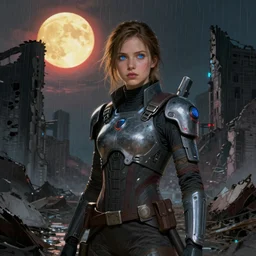 A portrait of a blue eye girl, ruins of a destroyed city and a yellow-red full moon on background, techwear, Sith, night, rainy atmosphere, natural volumetric light, intricate, highly detailed, digital painting, concept art, sharp focus, illustration, Star Wars art, art by greg rutkowski, matte painting, trending on artstation