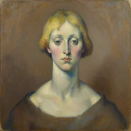 expressive distorted bust portrait of a woman with long neck, big ears and a small head, short blonde hair, brown and blue palette, oil painting, impasto, muted colors, artwork by arnold bocklin