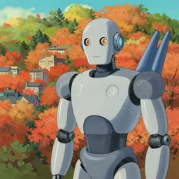 a close - film still of a gouache shinkai painting style autumn forest city, close up at the robot, trending on pixiv fanbox, painted by greg rutkowski makoto shinkai takashi takeuchi studio ghibli, aki