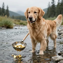 photo of a golden retriever panning for gold in a river using a pan and finding gold nuggets