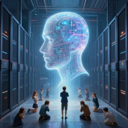 professional painting of tiny people praying to monumental conscious supercomputer with huge - hologram - head!!!! in the center of endless colossal server room, trending on artstation, cyberpunk, sci - fi, futuristic, by greg rutkowski and maciej kuciara, high quality