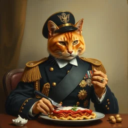 painting of the orange cat otto von garfield, count of bismarck - schonhausen, duke of lauenburg, minister - president of prussia. depicted wearing a prussian pickelhaube and eating his favorite meal - lasagna.