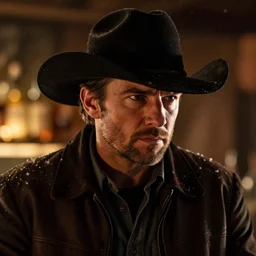 a cinematic headshot portrait of a cowboy rugged intense, dark bar, bokeh glow, light snow, ultra realistic, dramatic lighting, by mike campau and annie leibovitz, 8 k hdr