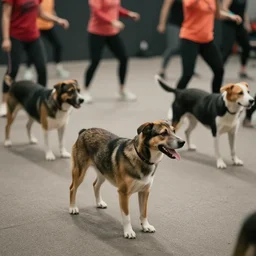 dogs doing zumba classes, professional photography, 8 0 mm, cinematic, realistic photography, accurate dogs, accurate people